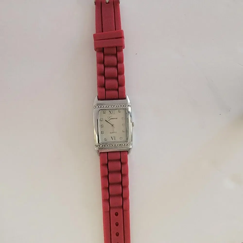 Geneva Womens Watch White Dial Silver Case Red Silicone Band Rectangle Quartz